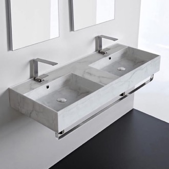 Bathroom Sink Marble Design Ceramic Wall Mounted Double Sink With Polished Chrome Towel Holder Scarabeo 5143-F-TB